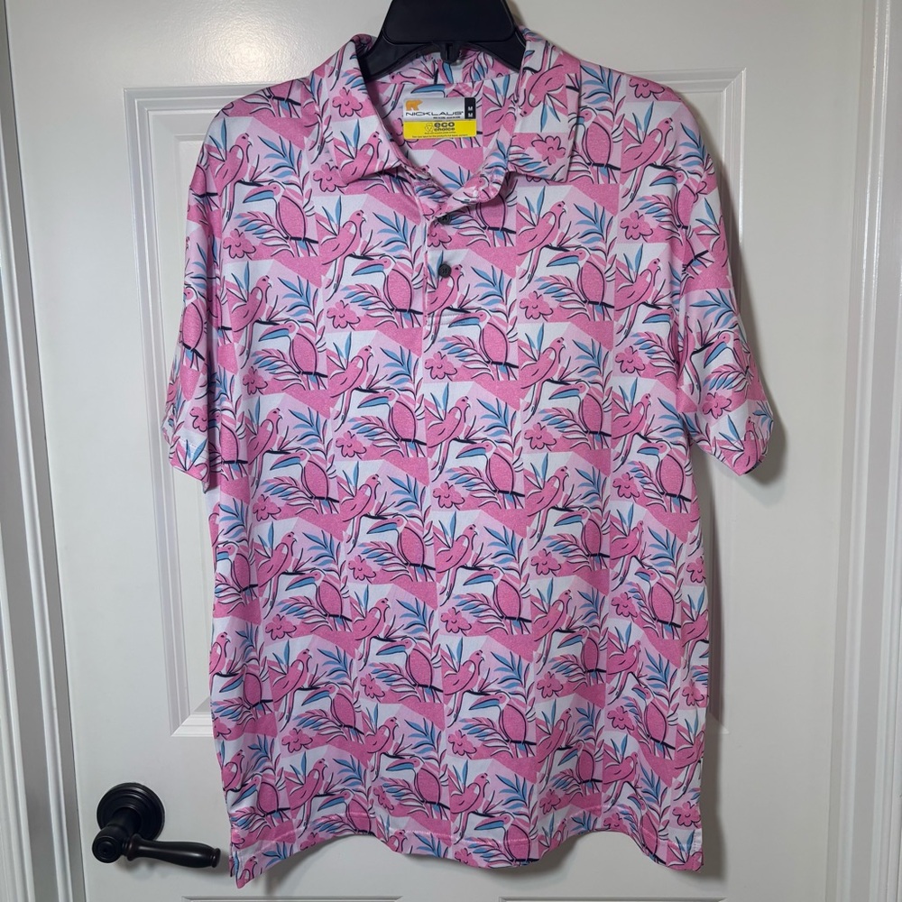 Nicklaus Polo Shirt Men's M Pink Tropical Birds Print Eco Choice Golf